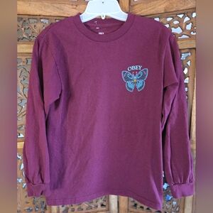 Obey Burgundy Long Sleeve Tee with Blue Butterfly